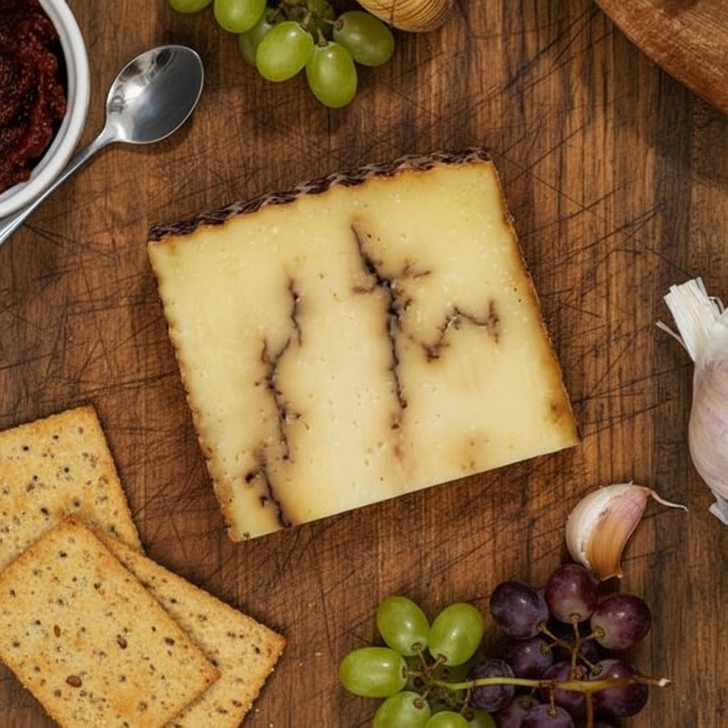 Block of cheese on a wooden cutting board with grapes, crackers, and garlic.