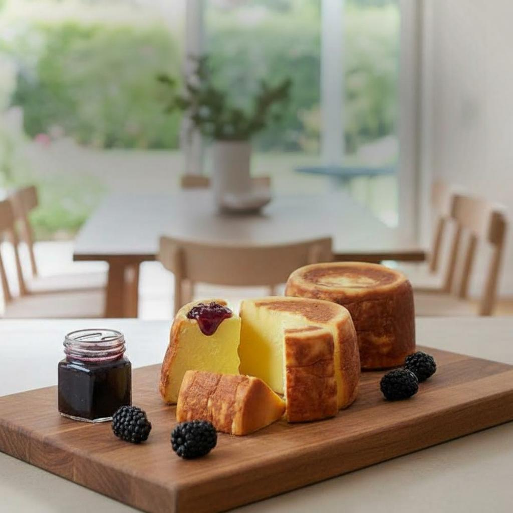 Wooden board with cheese, bread, and jam in a bright room with large windows.
