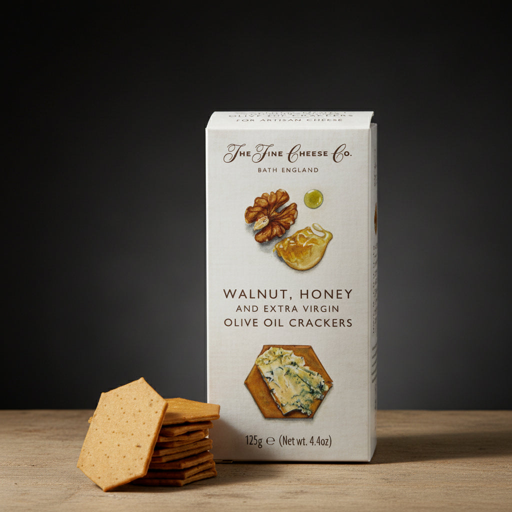 Box of Walnut, Honey, and Extra Virgin Olive Oil Crackers from The Fine Cheese Co. with crackers displayed.